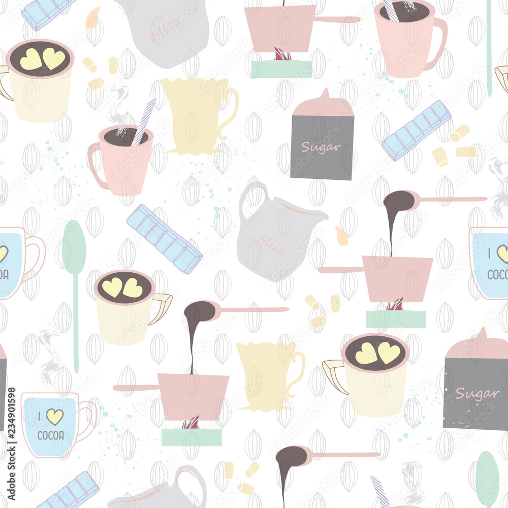 Hot chocolate and hot cocoa ingredients and recipe on cocoa pods seamless vector pattern background. Hot chocolate and hot cocoa ingredients and recipe on cocoa pods seamless vector pattern background.
