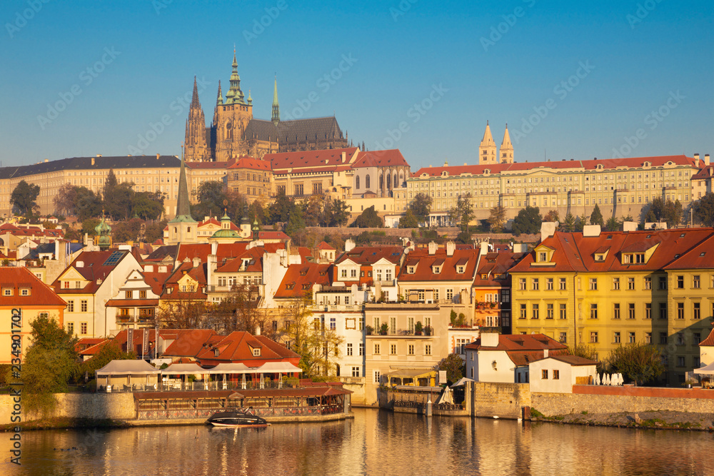Prague - The  Charles Bridge, Castle and Cathedral withe the Vltava river.