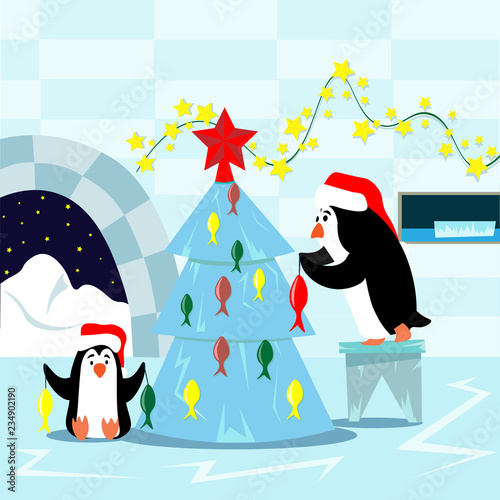 Family of penguins decorates the Christmas tree for Christmas. Illustration in flat style.