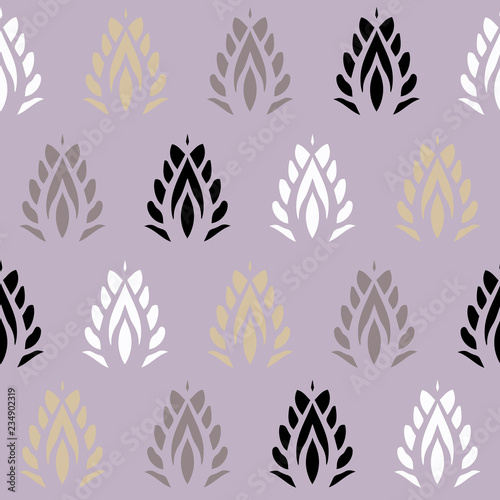 Vector Indian Leaf Shapes in black, gold, white and gray seamless pattern background. Perfect for fabric, scrapbooking and wallpaper projects.