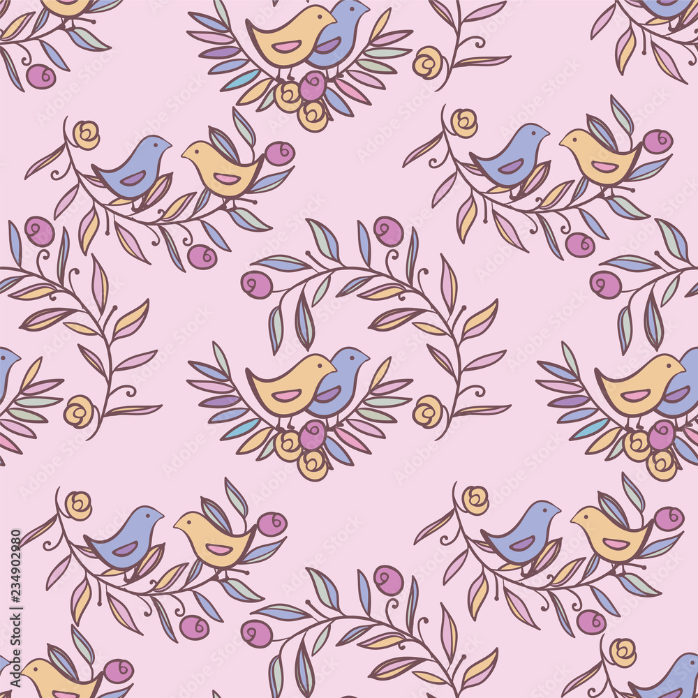 Vintage Floral Seamless Background with Birds, watercolor Illustration