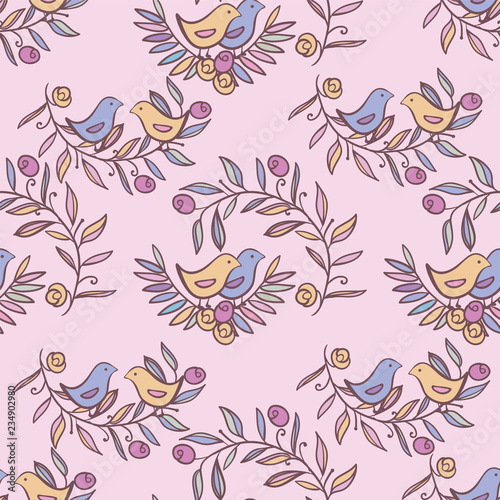 Vintage Floral Seamless Background with Birds  watercolor Illustration