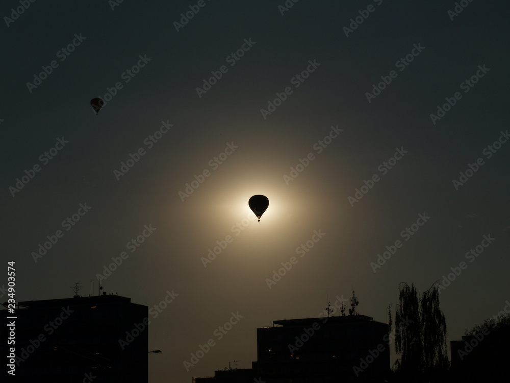 A silhouette of a balloon in the middle of sun with silhouettes of suburb, Balloon Day Hradec Kralove