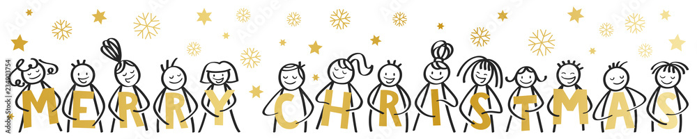 Merry Christmas, happy stick figures smiling and laughing, holding golden letters, with snowflakes and stars, horizontal banner, isolated on white background Merry Christmas, happy stick figures smiling and laughing, holding golden letters, with snowflakes and stars, horizontal banner, isolated on white background