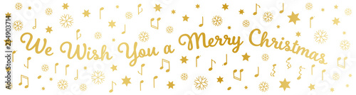 We wish you a merry Christmas, banner, golden letters, stars, notes and snowflakes isolated on white background