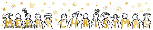 Merry Christmas, happy stick figures smiling and laughing, holding golden letters, with snowflakes and stars, horizontal banner, isolated on white background