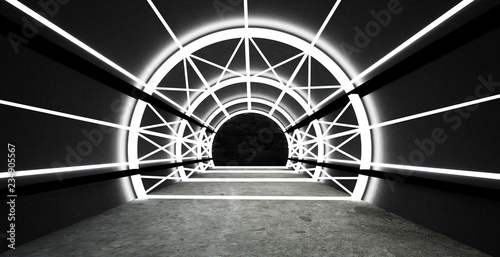 Tunnel, neon light, smoke. 3D Rendering.