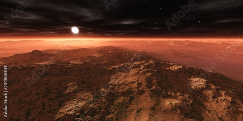 Mars at sunset, the surface of the planet under the star, 3d rendering 