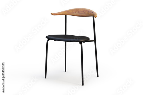 Black leather chair with metal legs and wooden back. 3d render
