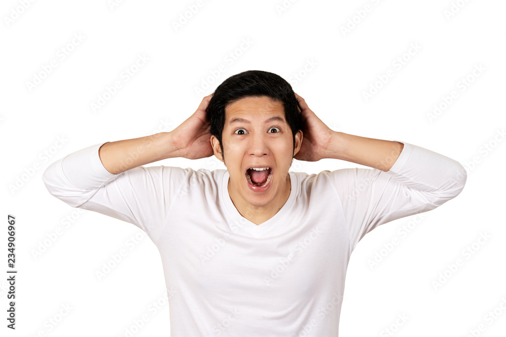 Young attractive asian man in casual white shirt looking at camera with feeling amazed, excited or shocked face with open mouth on isolated background. Portrait of funny male face expression concept. Young attractive asian man in casual white shirt looking at camera with feeling amazed, excited or shocked face with open mouth on isolated background. Portrait of funny male face expression concept.