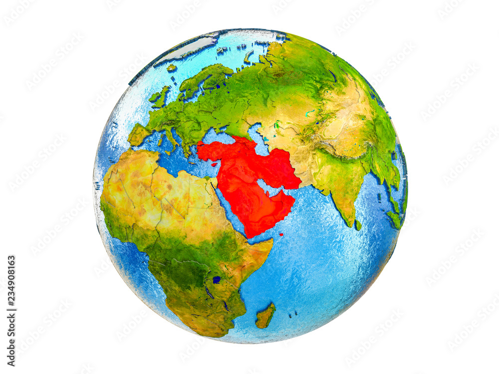 Western Asia on 3D model of Earth with country borders and water in oceans. 3D illustration isolated on white background.