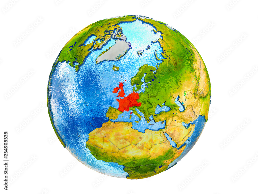 Western Europe on 3D model of Earth with country borders and water in oceans. 3D illustration isolated on white background. Western Europe on 3D model of Earth with country borders and water in oceans. 3D illustration isolated on white background.