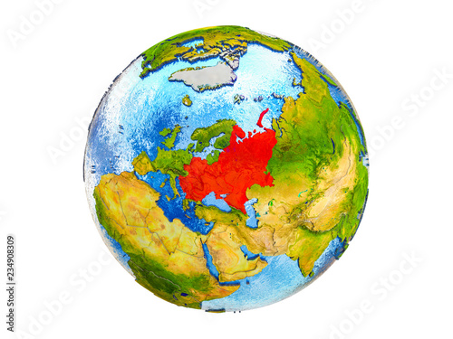 Eastern Europe on 3D model of Earth with country borders and water in oceans. 3D illustration isolated on white background.