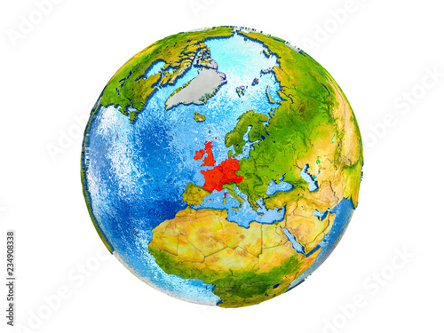 Western Europe on 3D model of Earth with country borders and water in oceans. 3D illustration isolated on white background.