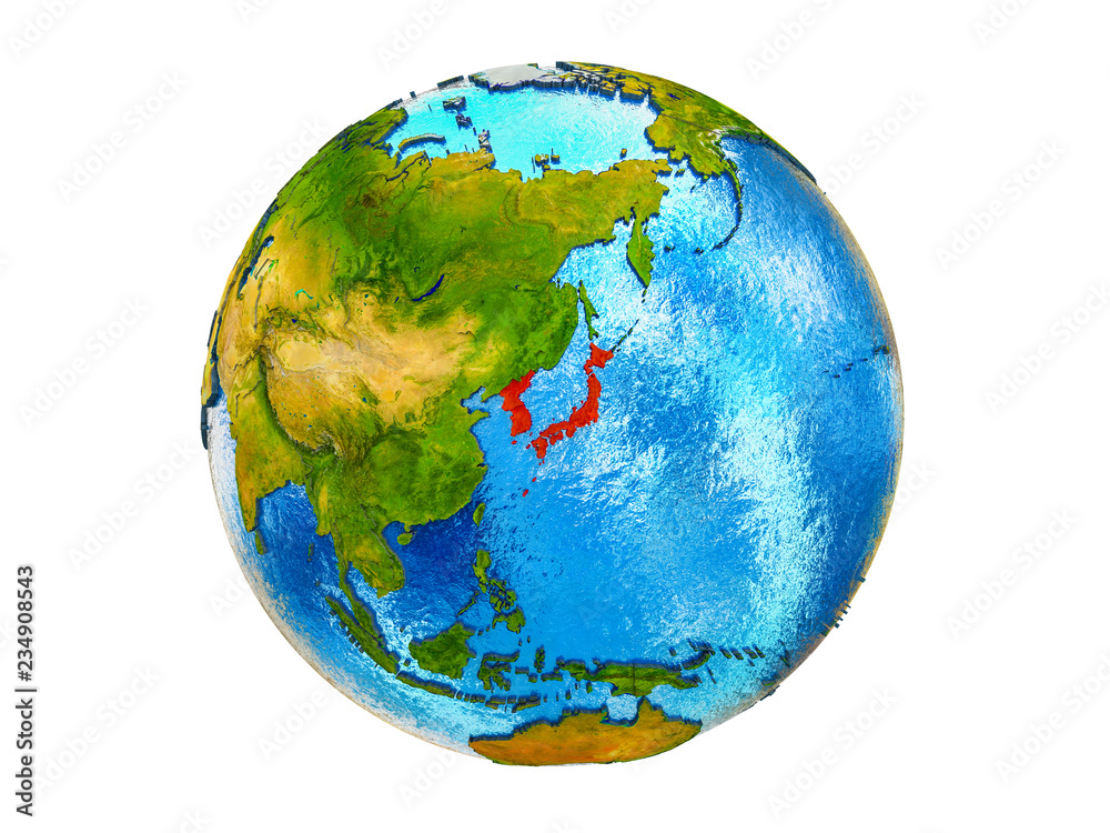 Japan and Korea on 3D model of Earth with country borders and water in oceans. 3D illustration isolated on white background. Japan and Korea on 3D model of Earth with country borders and water in oceans. 3D illustration isolated on white background.