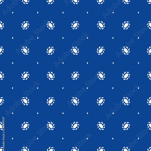 Blue seamless vector pattern with white geometric ornaments. Surface pattern design.