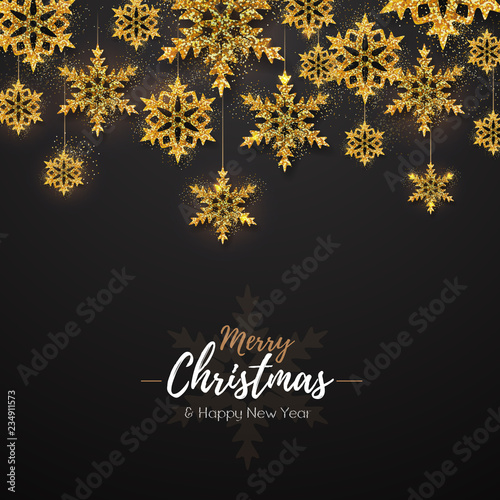 Christmas poster with golden snowflakes. Christmas greeting card