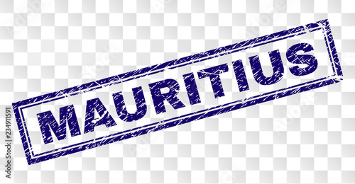 MAURITIUS stamp seal imprint with rubber print style and double framed rectangle shape. Stamp is placed on a transparent background. Blue vector rubber print of MAURITIUS label with unclean texture.