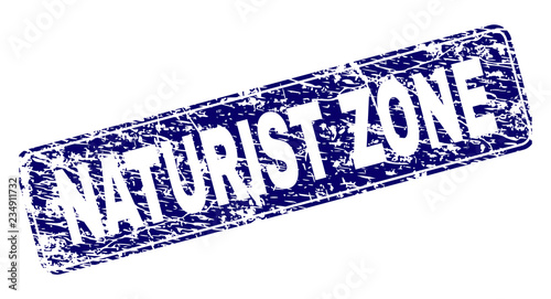 NATURIST ZONE stamp seal print with distress texture. Seal shape is a rounded rectangle with frame. Blue vector rubber print of NATURIST ZONE title with unclean texture.