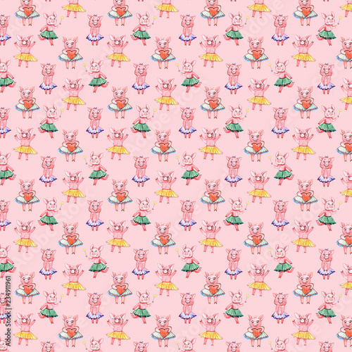 Colorful seamless pattern with pig, pastel textile fabric print illustration