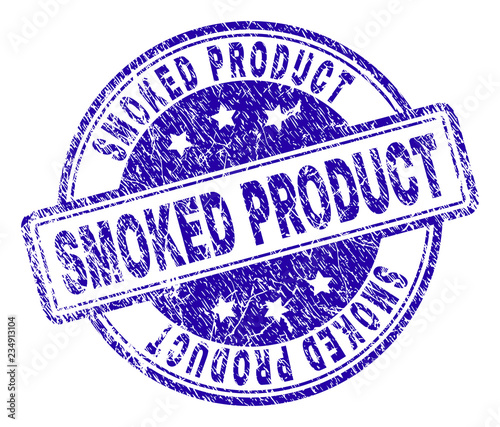 SMOKED PRODUCT stamp seal imprint with grunge effect. Designed with rounded rectangles and circles. Blue vector rubber print of SMOKED PRODUCT label with grunge texture.