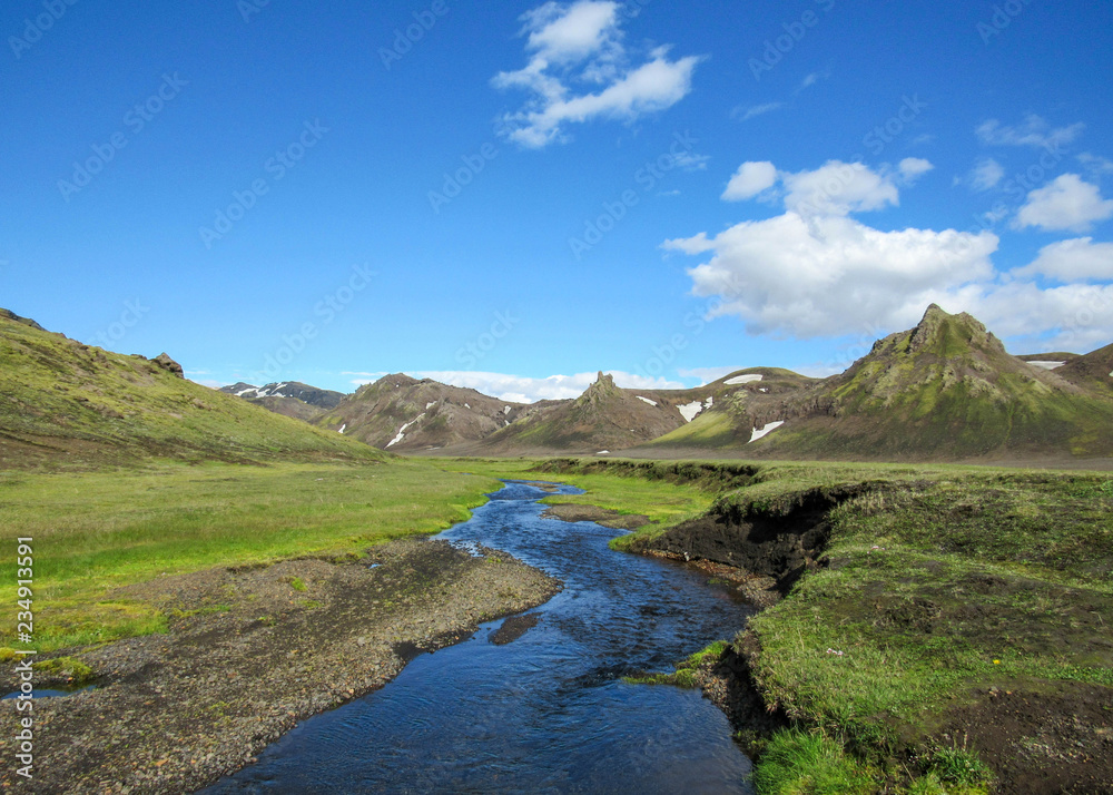 Volcanic landscape with glacial river running from Myrdalsjokull glacier, Hvanngil, Laugavegur Trail, highlands of Iceland Volcanic landscape with glacial river running from Myrdalsjokull glacier, Hvanngil, Laugavegur Trail, highlands of Iceland