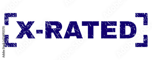 X-RATED text seal stamp with grunge texture. Text label is placed between corners. Blue vector rubber print of X-RATED with scratched texture.