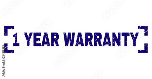 1 YEAR WARRANTY text seal print with distress style. Text label is placed between corners. Blue vector rubber print of 1 YEAR WARRANTY with dust texture.