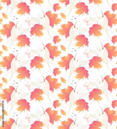 Unicorns autumn seamless pattern in vector isolated on white background.