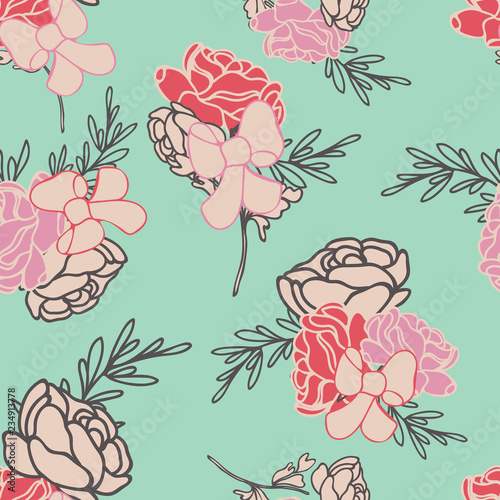 Vector Green Roses and Ribbons Seamless Pattern