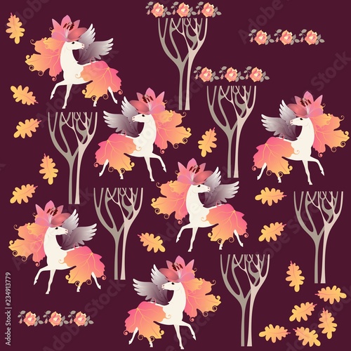Endless animal pattern. Fairy winged unicorns with manes and tails in shape of autumn leaves and crown in form of lily flowers in the forest. Print for fabric in vector.