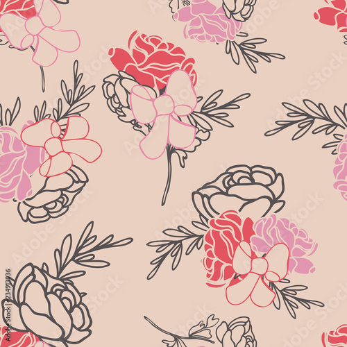Vector Roses and Ribbons Seamless Pattern