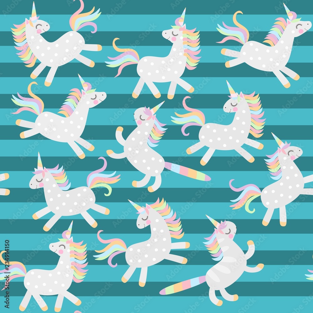 Seamless pattern with cute frolicking unicorns and caticorns on striped green background in vector. Print for fabric.