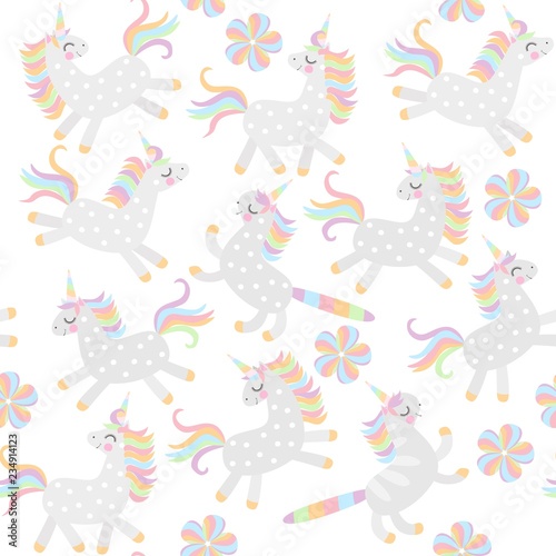 Seamless pattern for baby. Cute cartoon unicorns and caticorns and abstract flower isolated on white background in vector. Print for fabric, wallpaper.