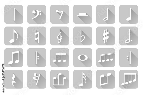 Detailed icon set of different music notes and signs