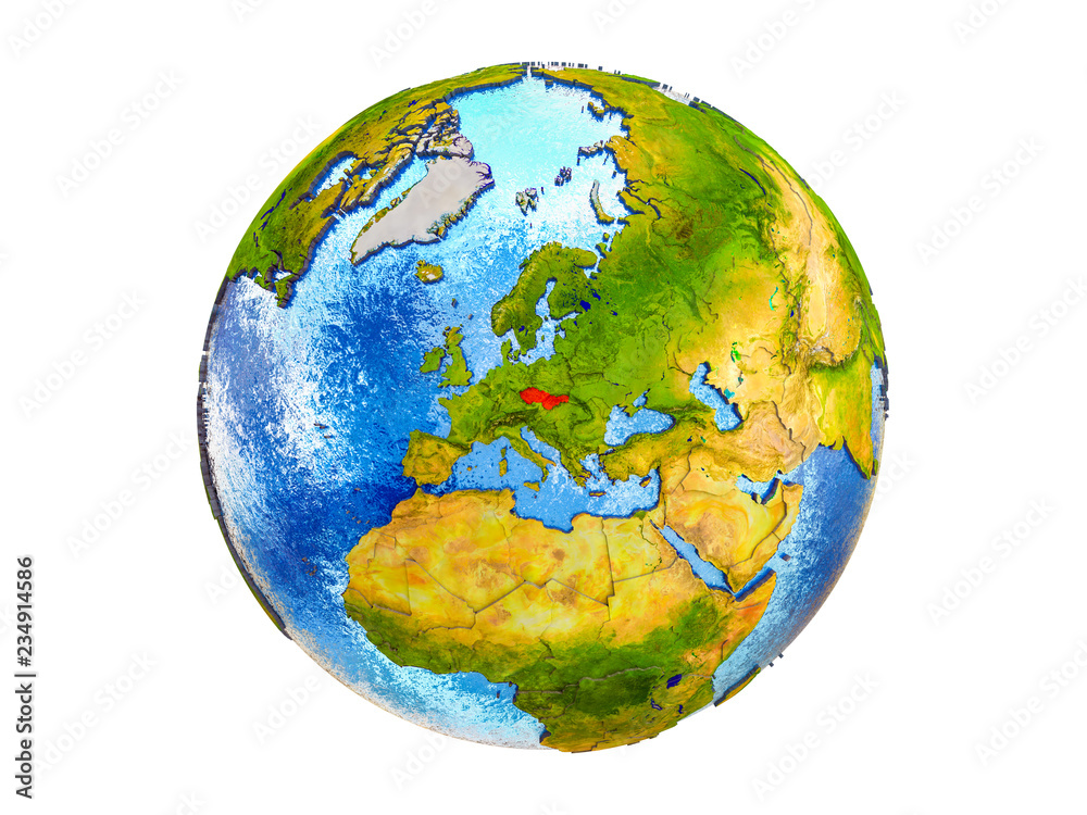 Former Czechoslovakia on 3D model of Earth with country borders and water in oceans. 3D illustration isolated on white background. Former Czechoslovakia on 3D model of Earth with country borders and water in oceans. 3D illustration isolated on white background.