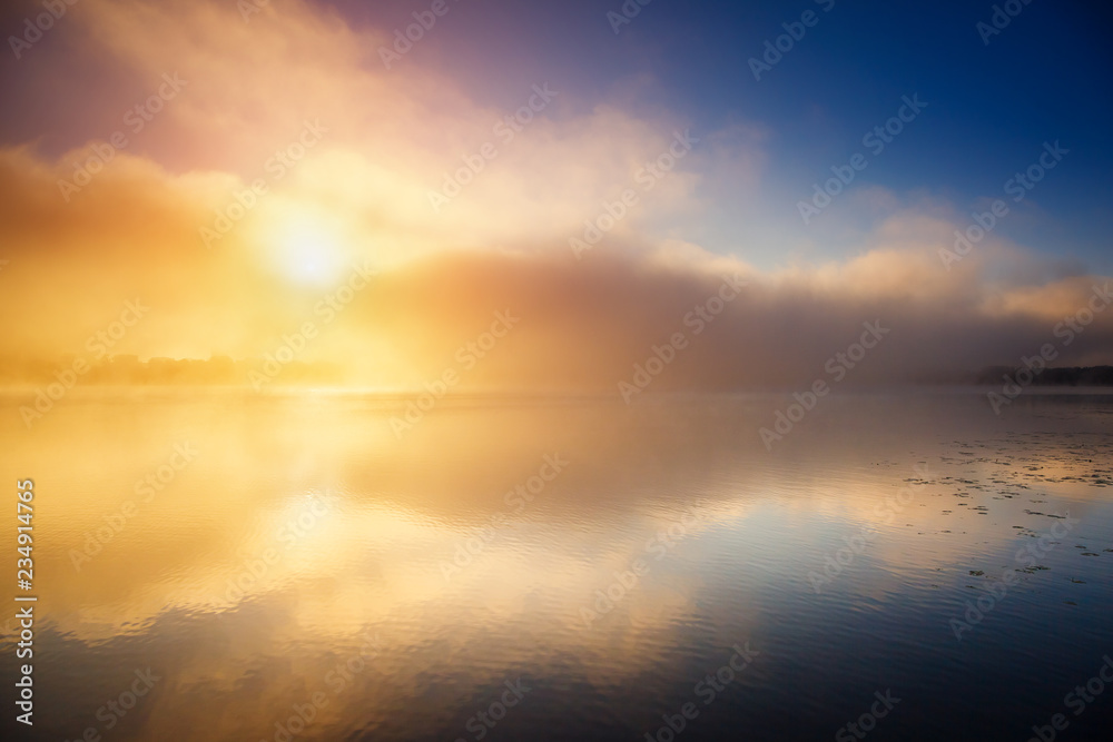Vivid view of the foggy pond in twilight. Location place Ternopil, Ukraine, Europe.