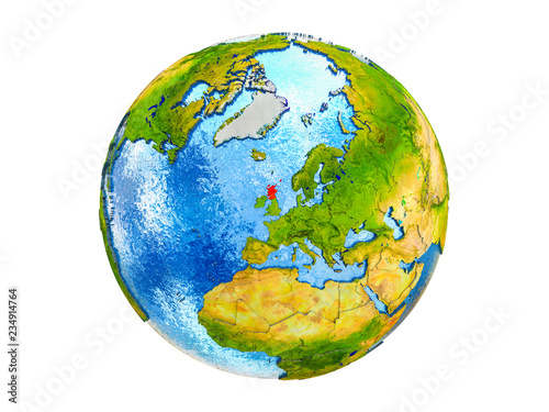 Scotland on 3D model of Earth with country borders and water in oceans. 3D illustration isolated on white background.
