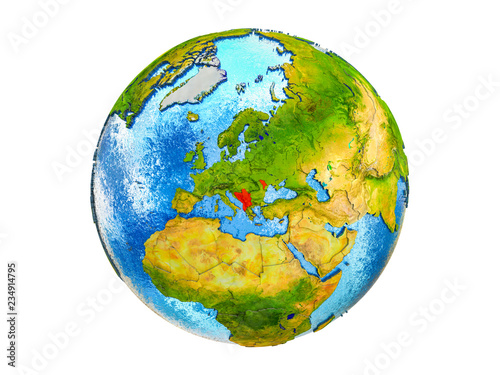 CEFTA countries on 3D model of Earth with country borders and water in oceans. 3D illustration isolated on white background.