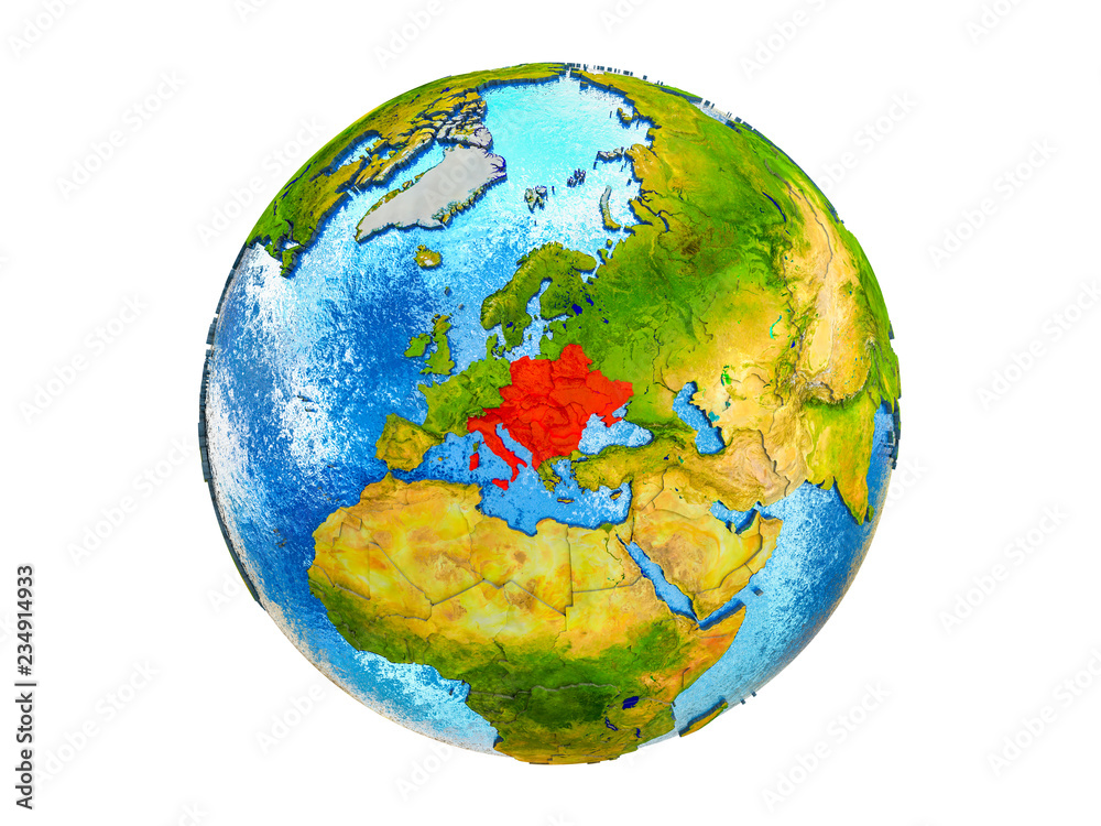 CEI countries on 3D model of Earth with country borders and water in oceans. 3D illustration isolated on white background. CEI countries on 3D model of Earth with country borders and water in oceans. 3D illustration isolated on white background.