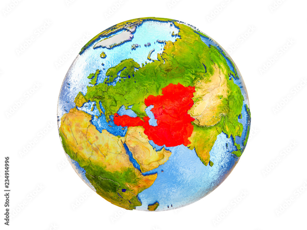 ECO member states on 3D model of Earth with country borders and water in oceans. 3D illustration isolated on white background. ECO member states on 3D model of Earth with country borders and water in oceans. 3D illustration isolated on white background.
