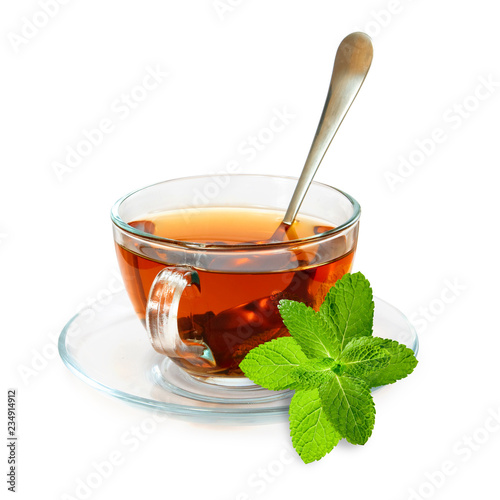 isolated image of tea cups and mint leaf