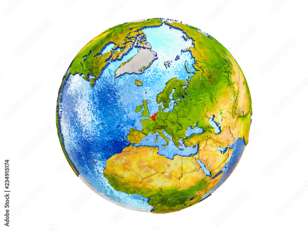 Benelux Union on 3D model of Earth with country borders and water in oceans. 3D illustration isolated on white background. Benelux Union on 3D model of Earth with country borders and water in oceans. 3D illustration isolated on white background.