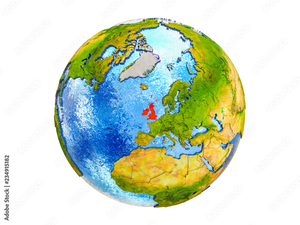 British Isles on 3D model of Earth with country borders and water in oceans. 3D illustration isolated on white background. British Isles on 3D model of Earth with country borders and water in oceans. 3D illustration isolated on white background.