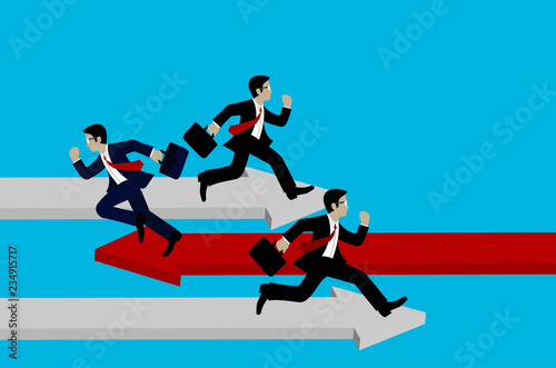 Different business concepts, Businessmen running on the arrow red and white the opposite direction. New ideas. Courage to risk. leadership. cartoon vector illustration
