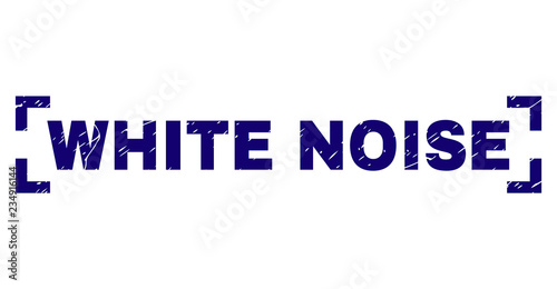 WHITE NOISE caption seal print with corroded texture. Text tag is placed between corners. Blue vector rubber print of WHITE NOISE with unclean texture.