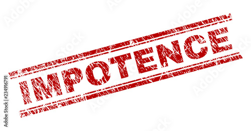 IMPOTENCE seal print with distress texture. Red vector rubber print of IMPOTENCE title with dust texture. Text tag is placed between double parallel lines.