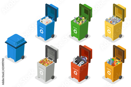 Garbage cans trash separation recycling isolated isometric 3d flat design icons set vector illustration