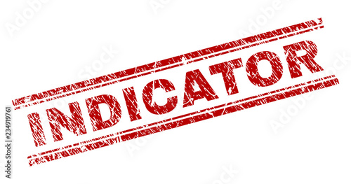 INDICATOR seal print with grunge texture. Red vector rubber print of INDICATOR caption with unclean texture. Text caption is placed between double parallel lines.