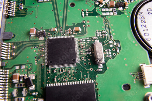 chipset on with electronic components. close-up.